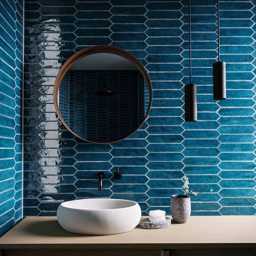 Glossy Horizontal Picket Ceramic Tiles Texture, Blue