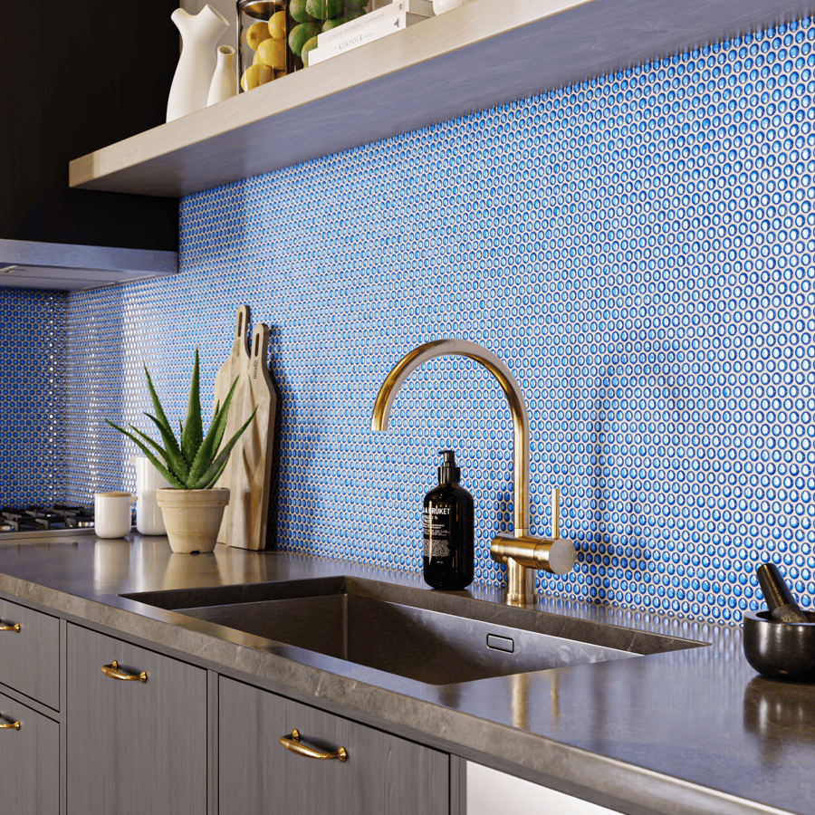 Penny Round Ceramic Glossy Tile Texture, Cerulean Blue