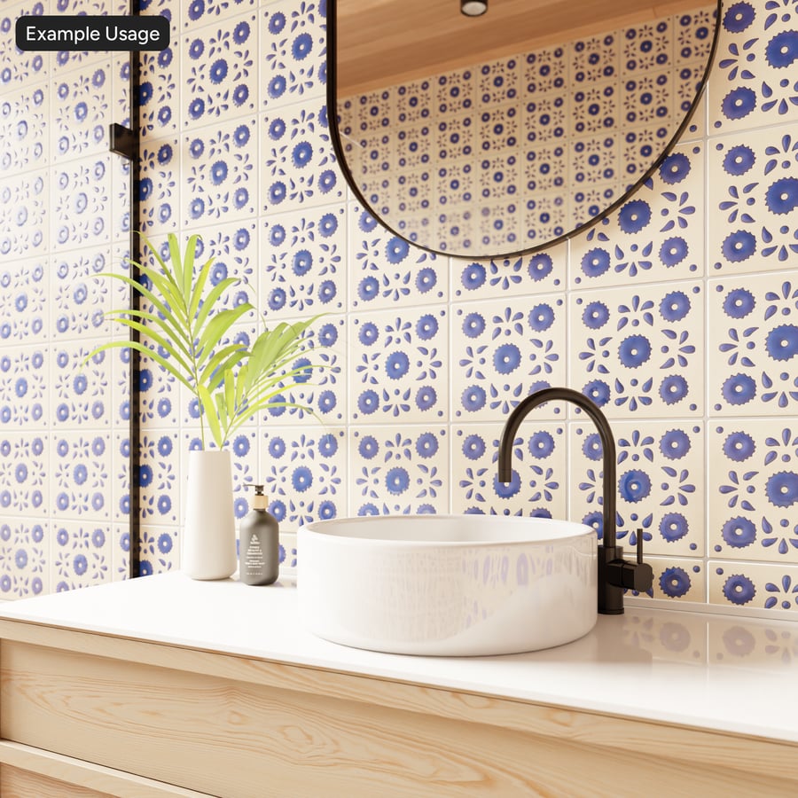 Floral Talavera Ceramic Glossy Tile Texture, Blue