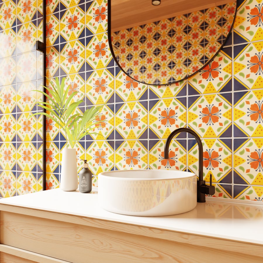 Floral Talavera Ceramic Patterned Tile Texture, Blue and Orange
