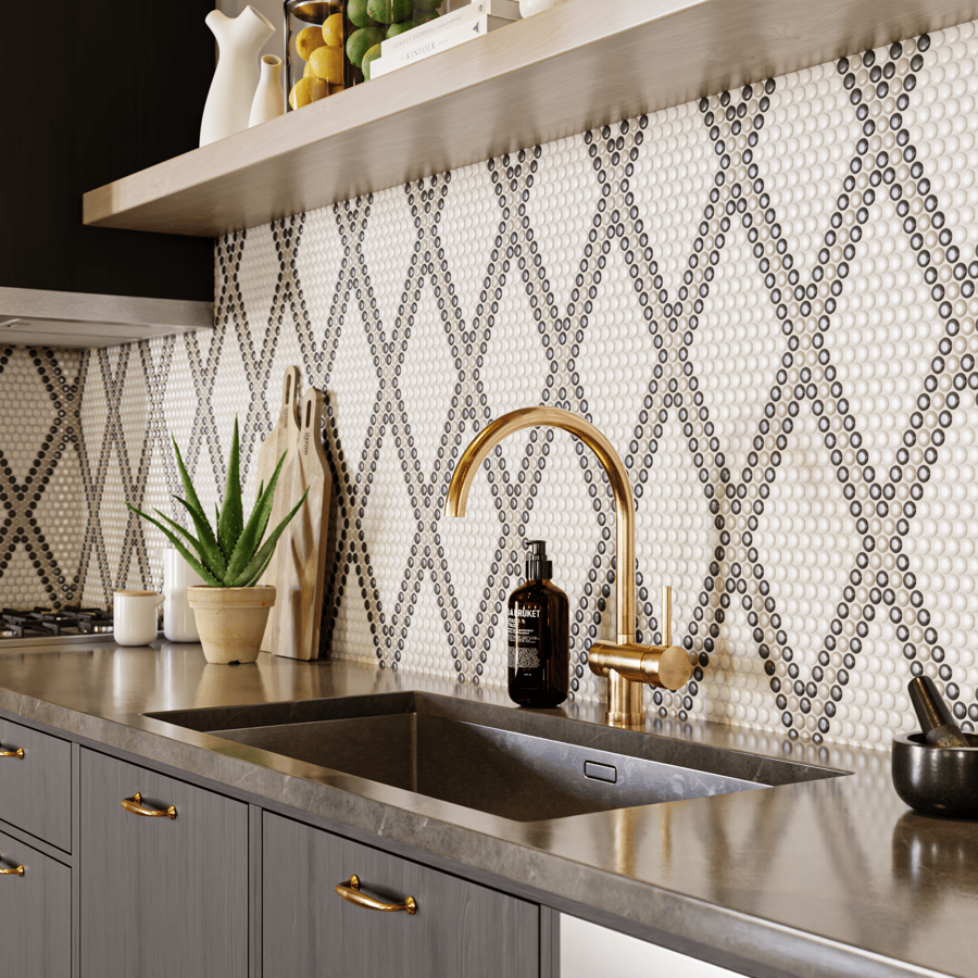 Patterned Penny Round Ceramic Glossy Tile Texture, Diamond