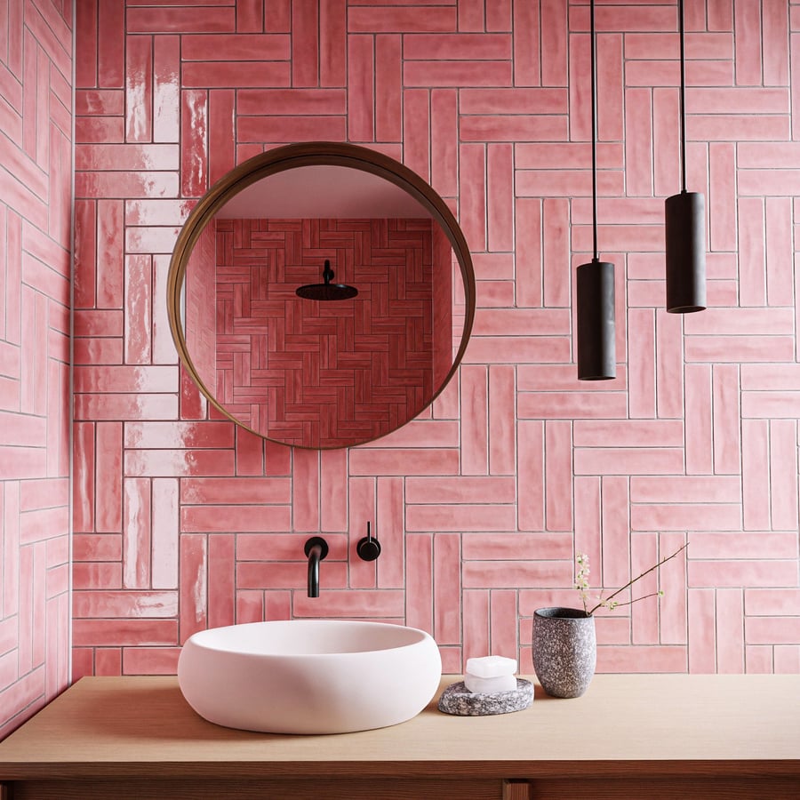 Glossy Herringbone Ceramic Tiles Texture, Pink