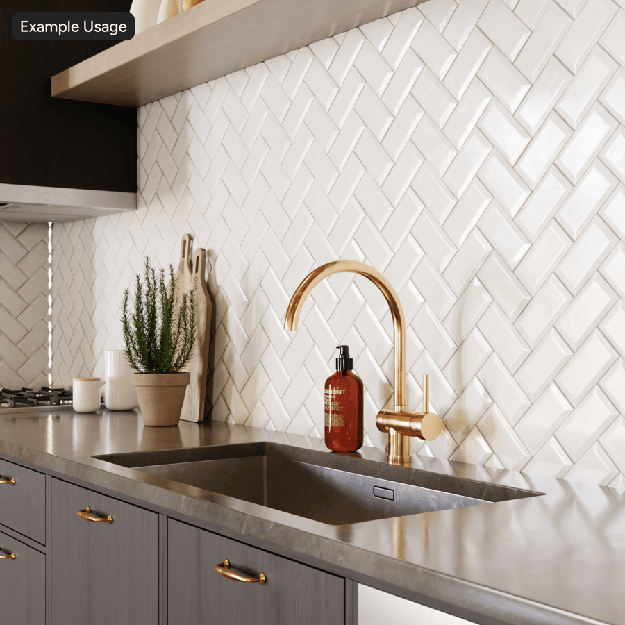 Herringbone Ceramic Glossy Tile Texture, White