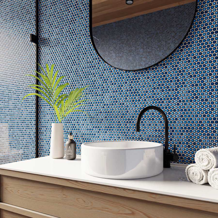 Textura de azulejo cerâmico brilhante redondo, azul celeste