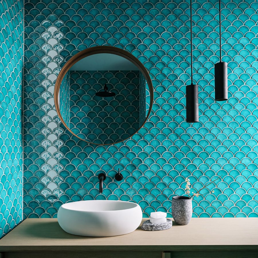 Glossy Fishscale Ceramic Tile Texture, Blue