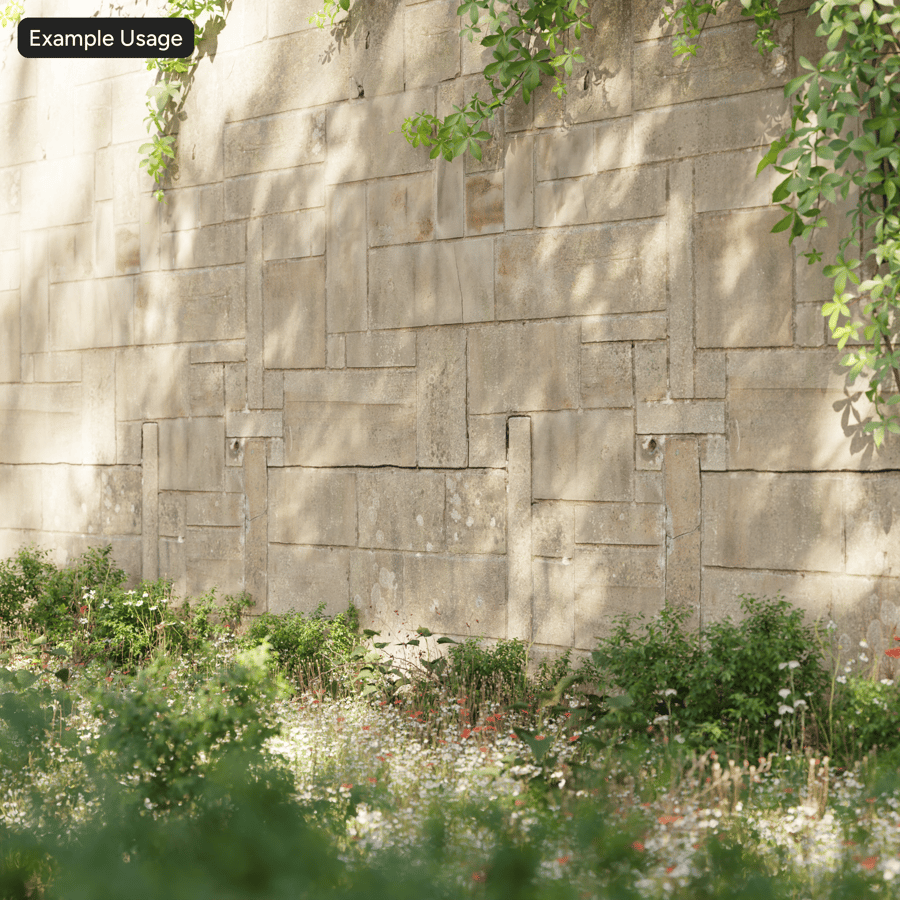 Texture murale en blocs de grès recouverts de lichen, beige