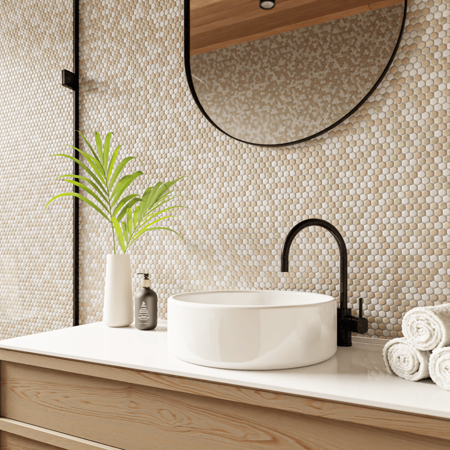 Penny Round Ceramic Glossy Tile Texture, Beige