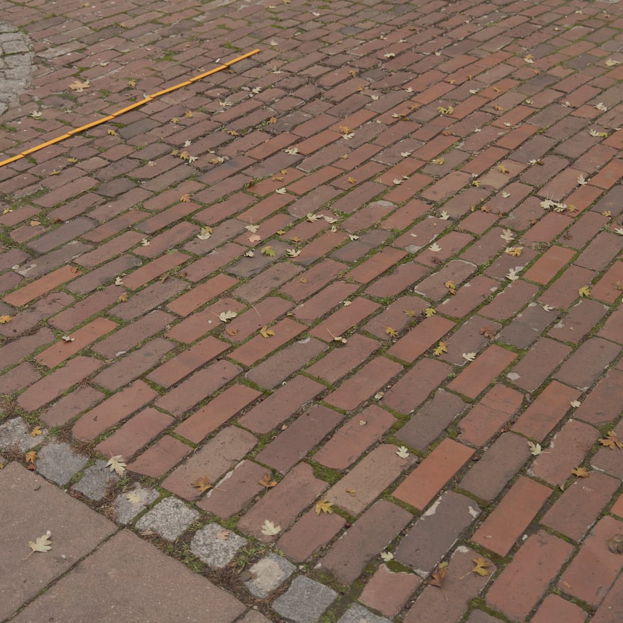 Gevallen bladeren op lopende bakstenen bestratingtextuur