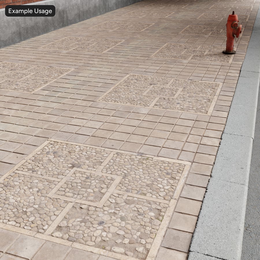 Decorative Cobblestone and Square Tile Sidewalk Texture