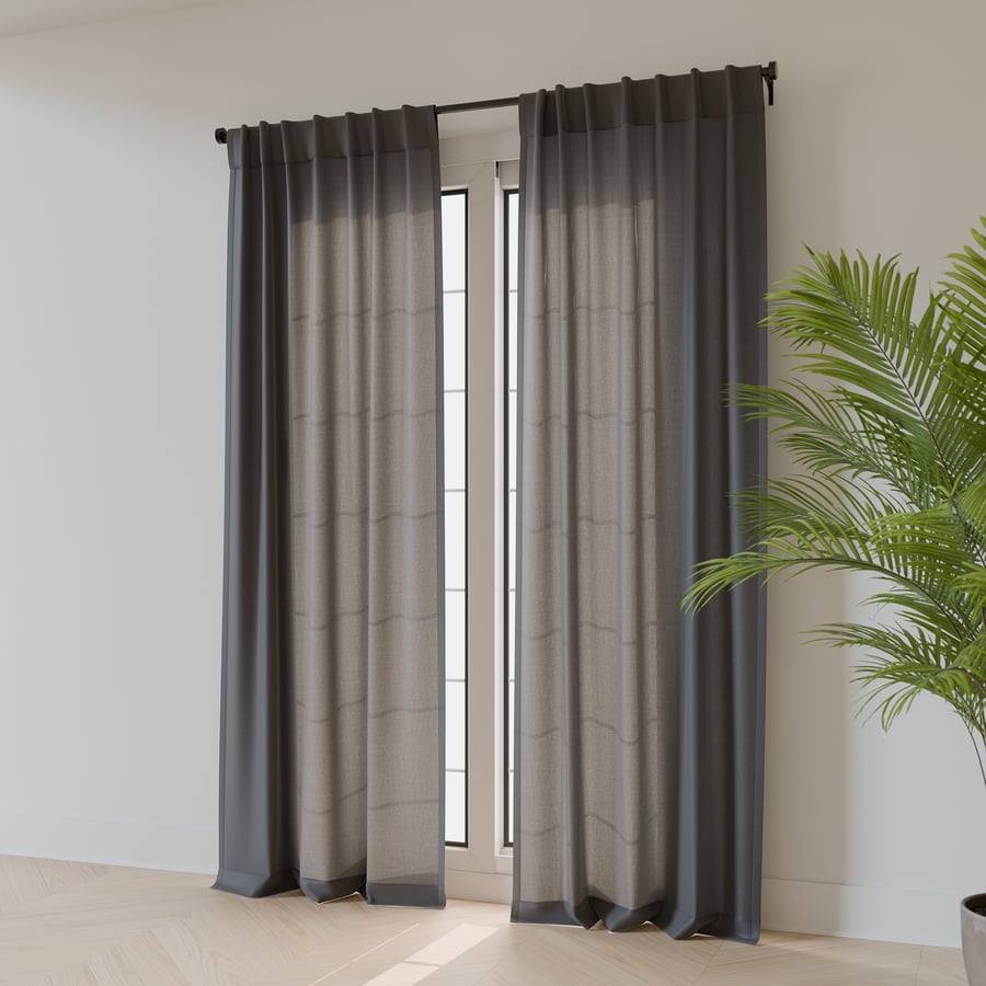 Modelo com cortinas parcialmente abertas na parte traseira, cinza