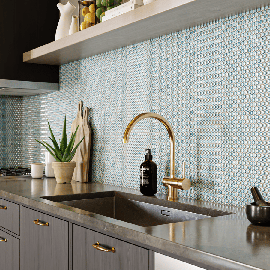 Textura de azulejo cerâmico brilhante redondo, azul claro