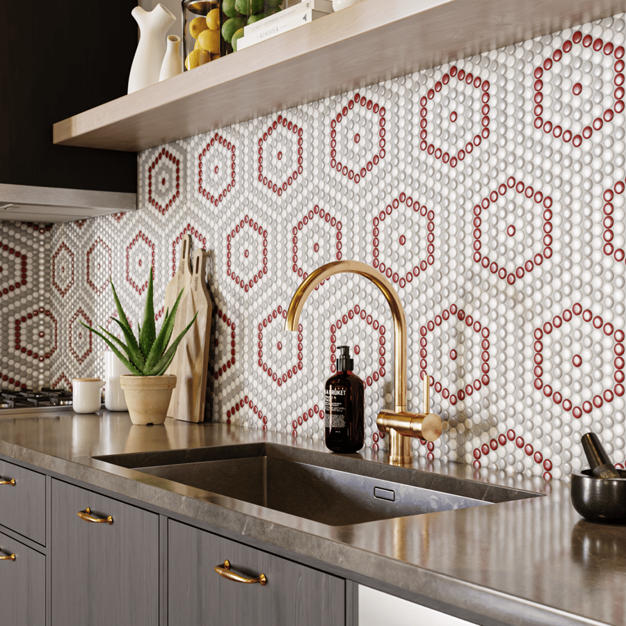 Penny Round Ceramic Glossy Tile Texture, White Hexagon