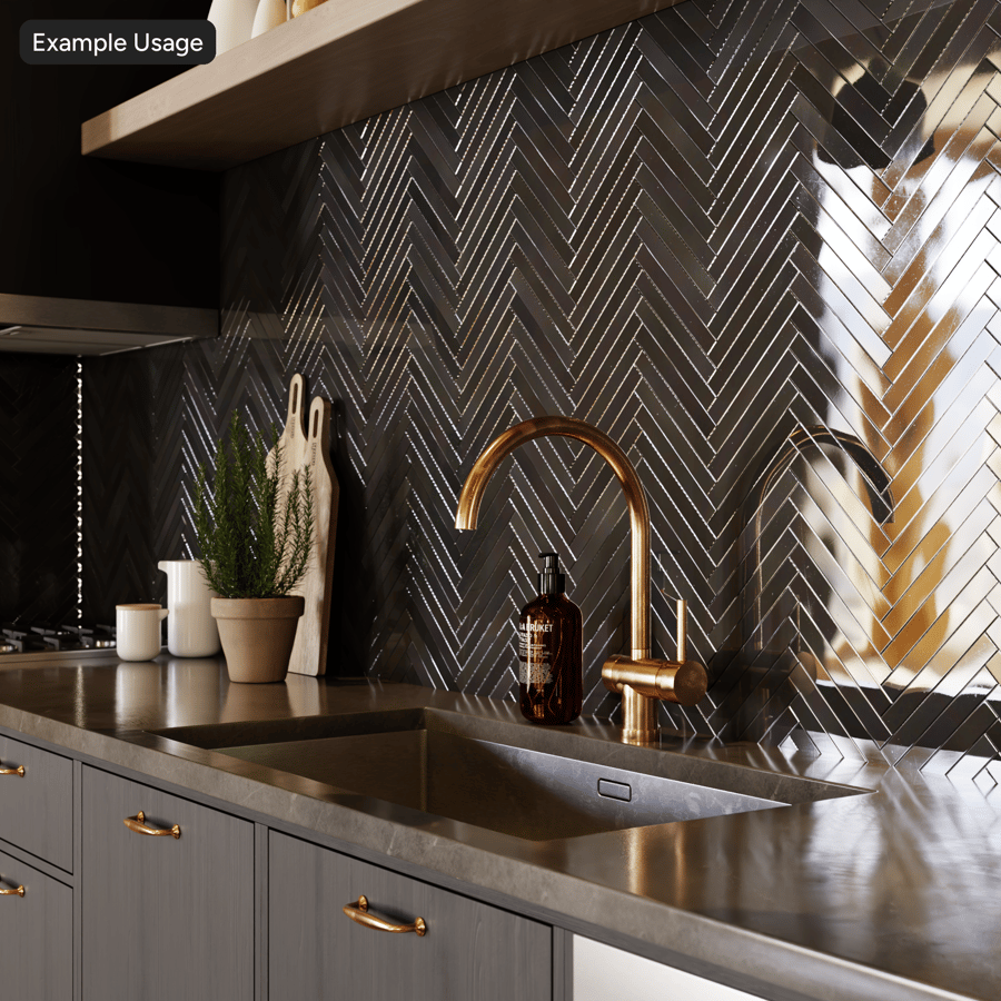 Herringbone-Keramikfliese glänzend, Schwarz