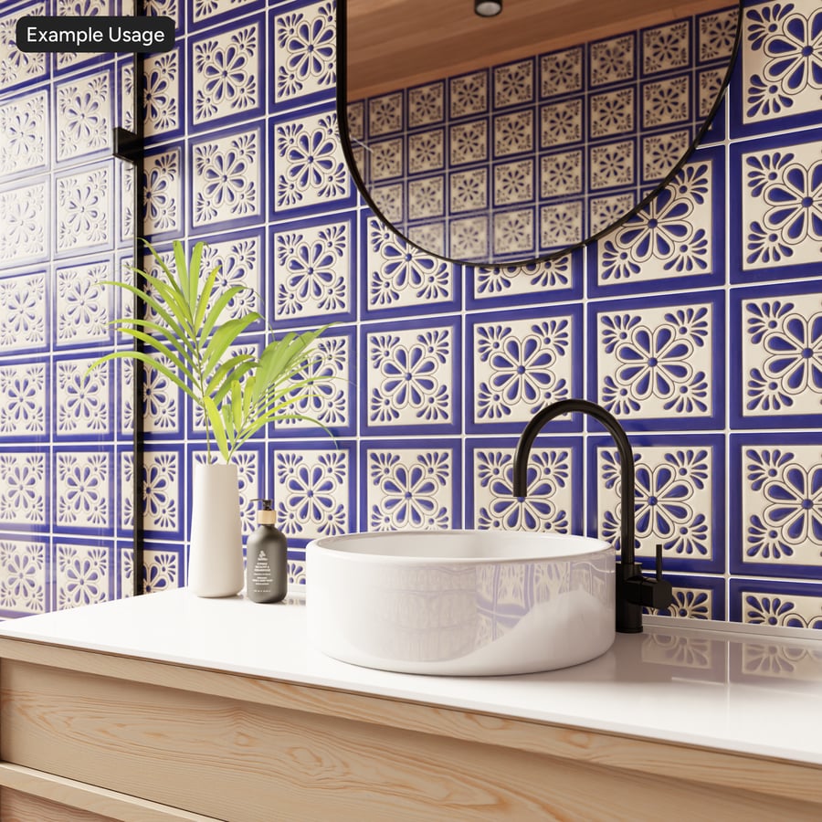 Square Talavera Ceramic Glossy Tile Texture, Blue