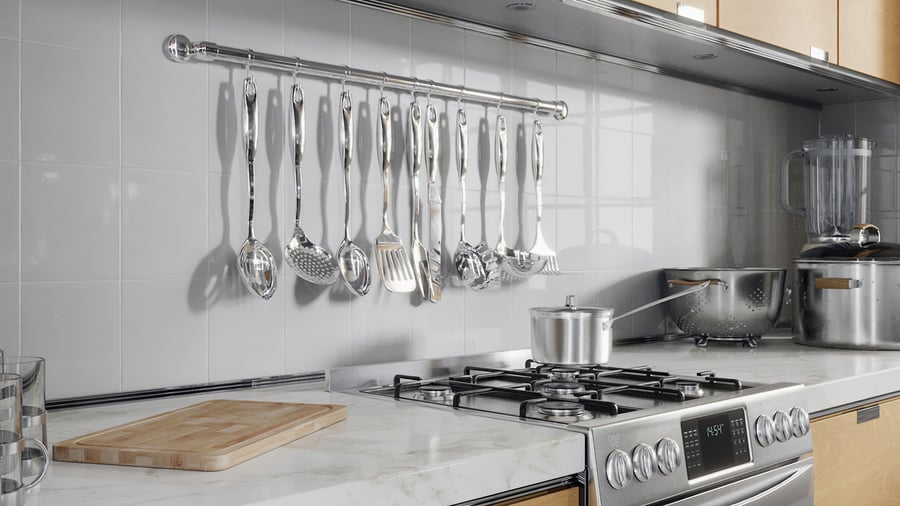 Nove modelos de utensílios suspensos em aço inoxidável