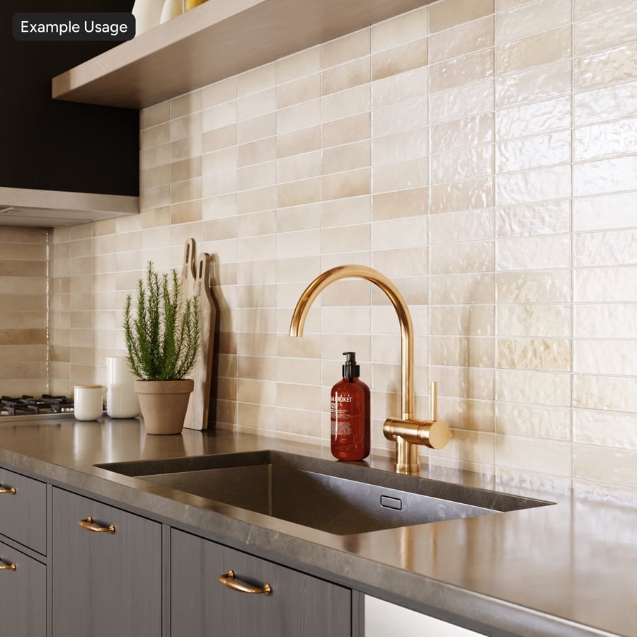 Textura de azulejo retangular Zellige brilhante, bege cremoso