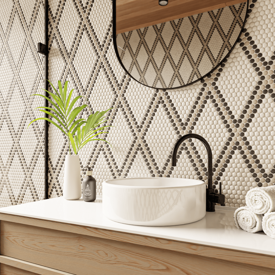 Patterned Penny Round Ceramic Glossy Tile Texture, Diamond