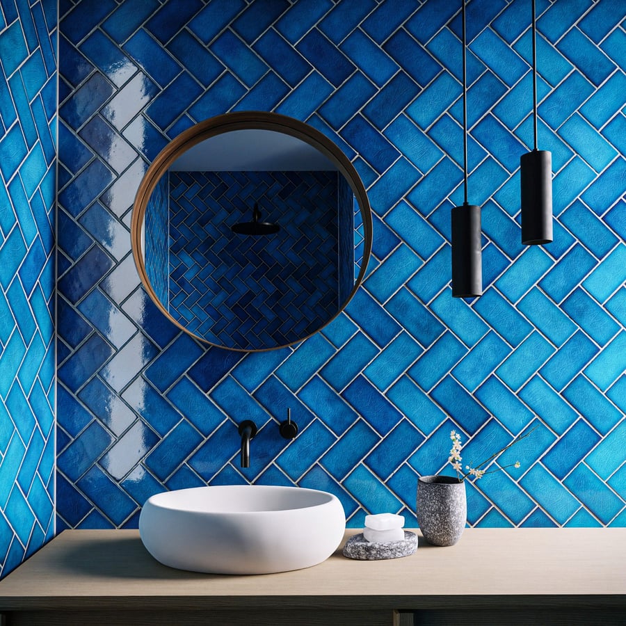 Herringbone Ceramic Glossy Tile Texture, Aqua Blue