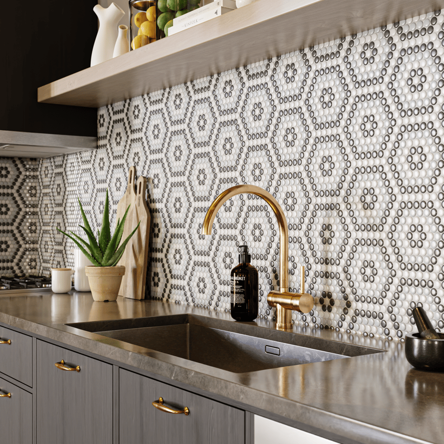 Textura de azulejo cerâmico brilhante redondo, hexágono cinzento