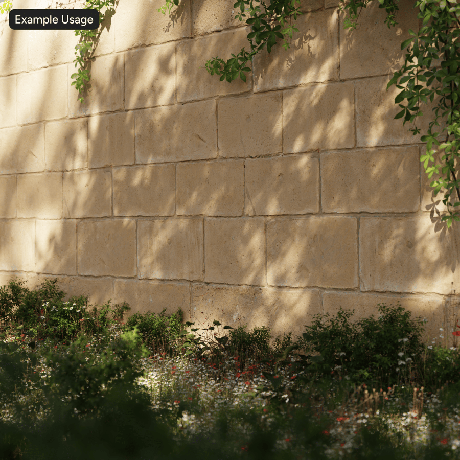 Erodovaná stěna z kamenných bloků s běžícím pojivem, žlutá