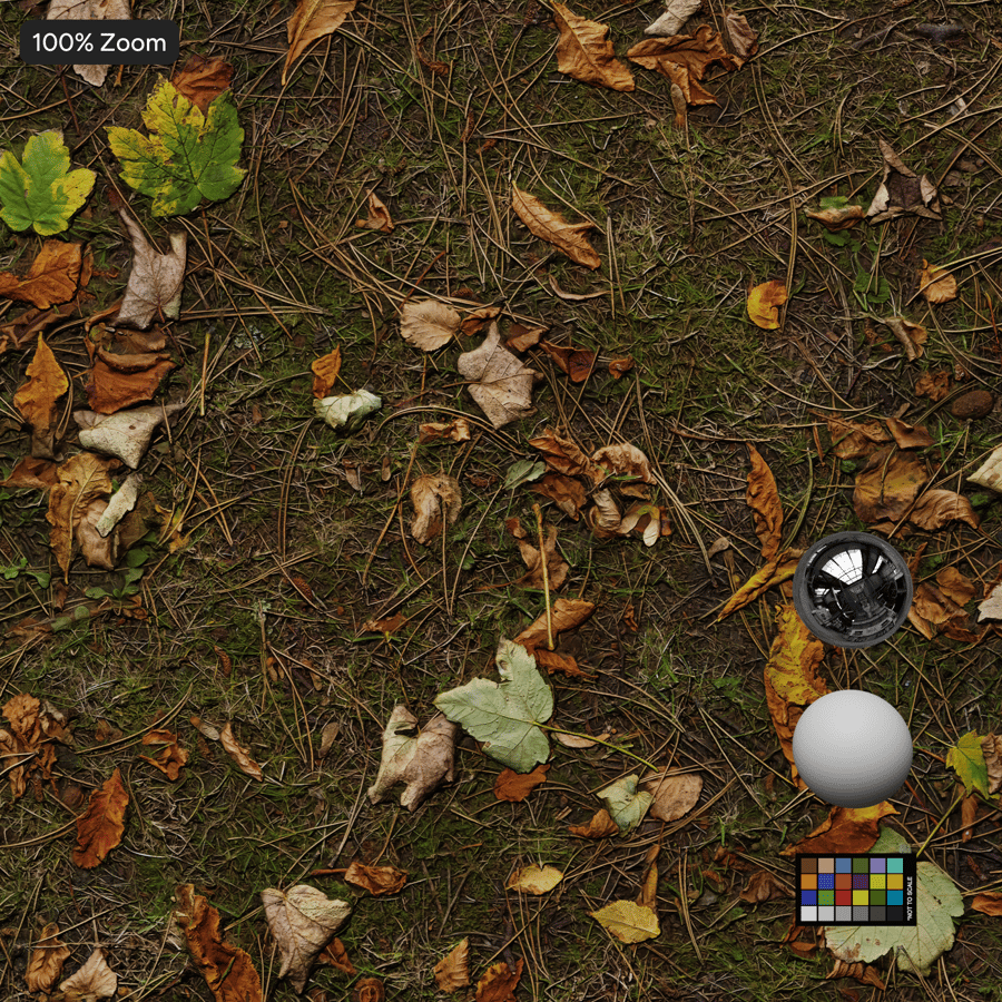 Scattered Autumn Leaves and Pine on Grass Texture