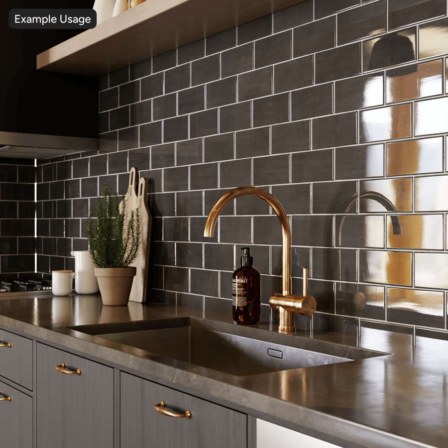 Rectangular Offset Ceramic Glossy Tile Texture, Black