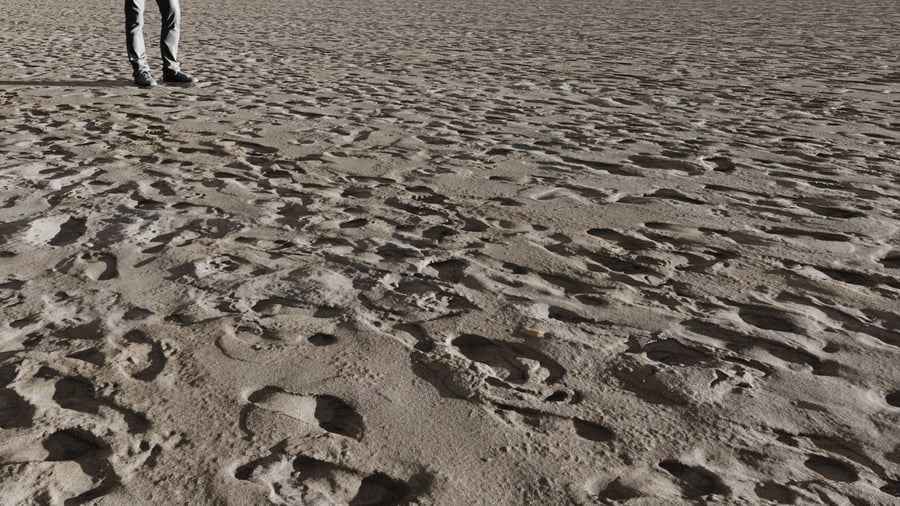 Textura de pegadas na areia húmida, cinzenta