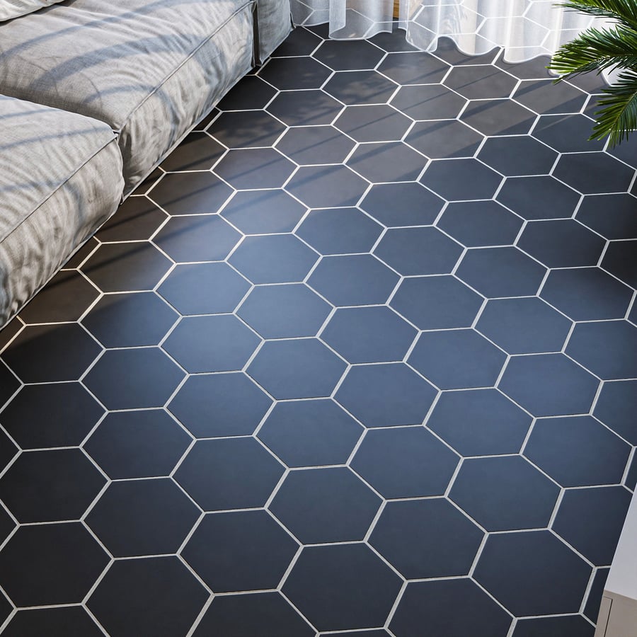Textura de azulejo cerâmico hexagonal mate, cinzento escuro