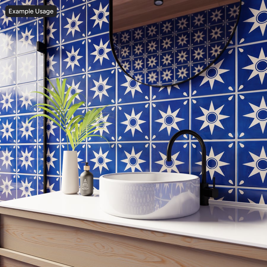 Star Patterned Ceramic Glossy Tile Texture, Blue