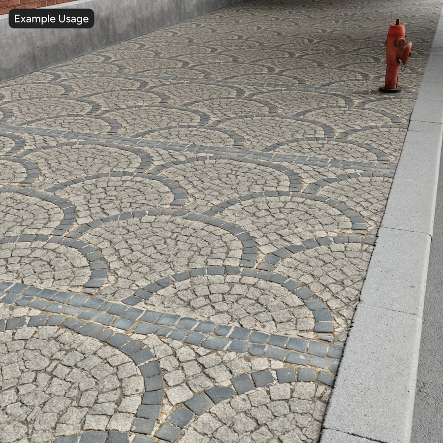 Textura de pavimento em pedra com padrão em leque, cinzento e carvão