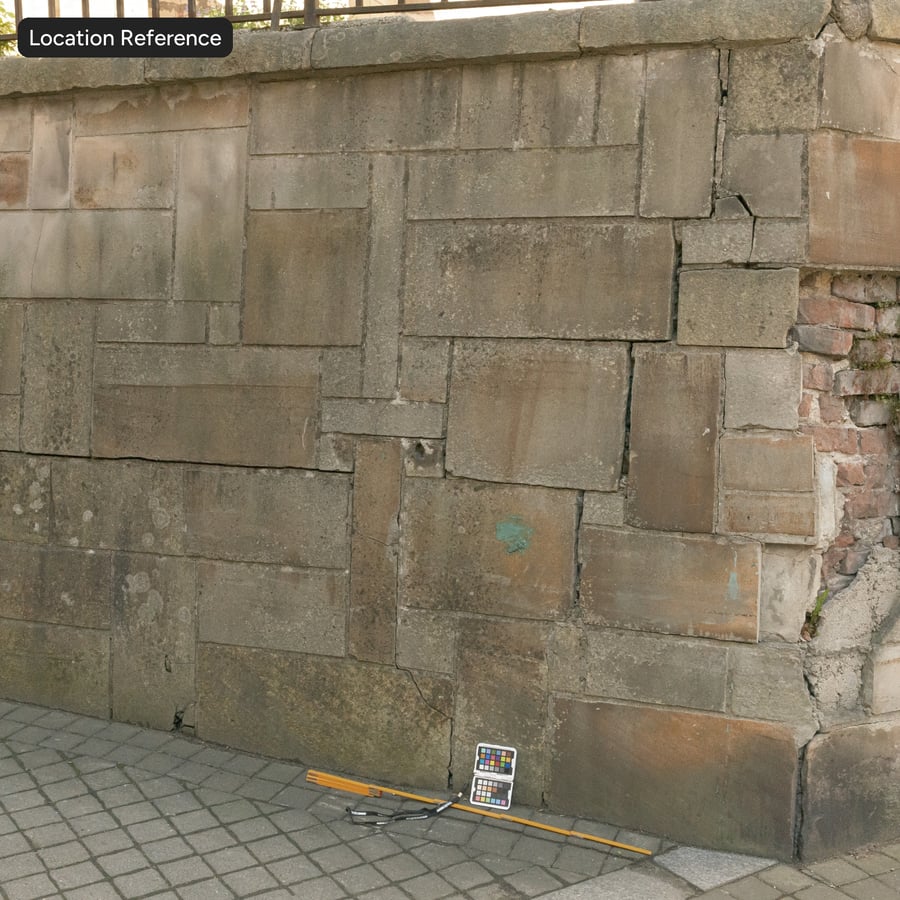 Texture murale en blocs de grès recouverts de lichen, beige