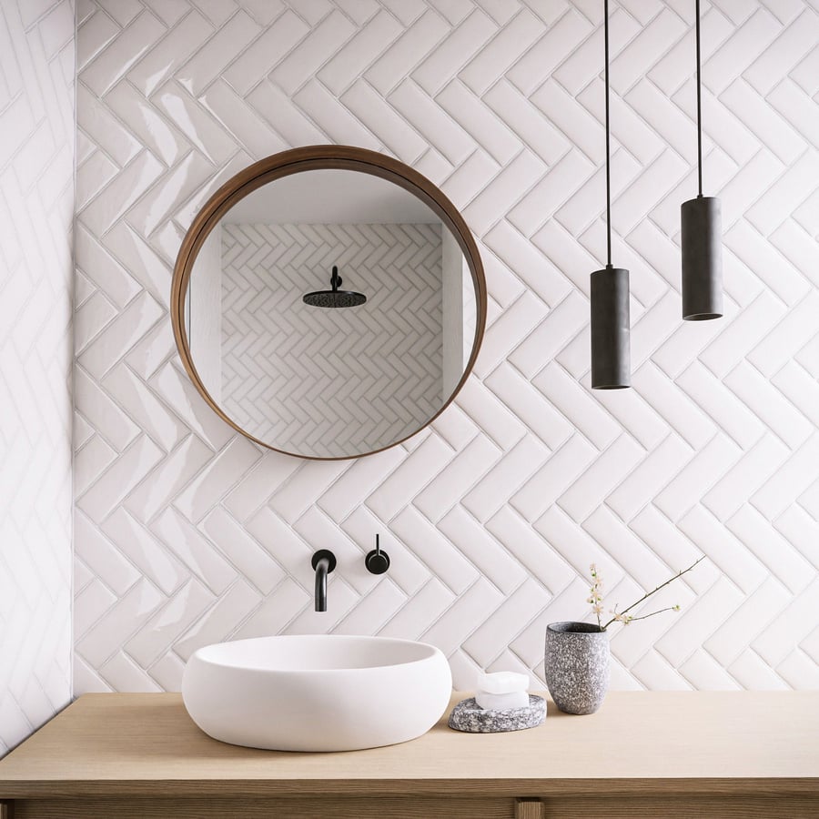 Glossy Herringbone Ceramic Tiles Texture, White