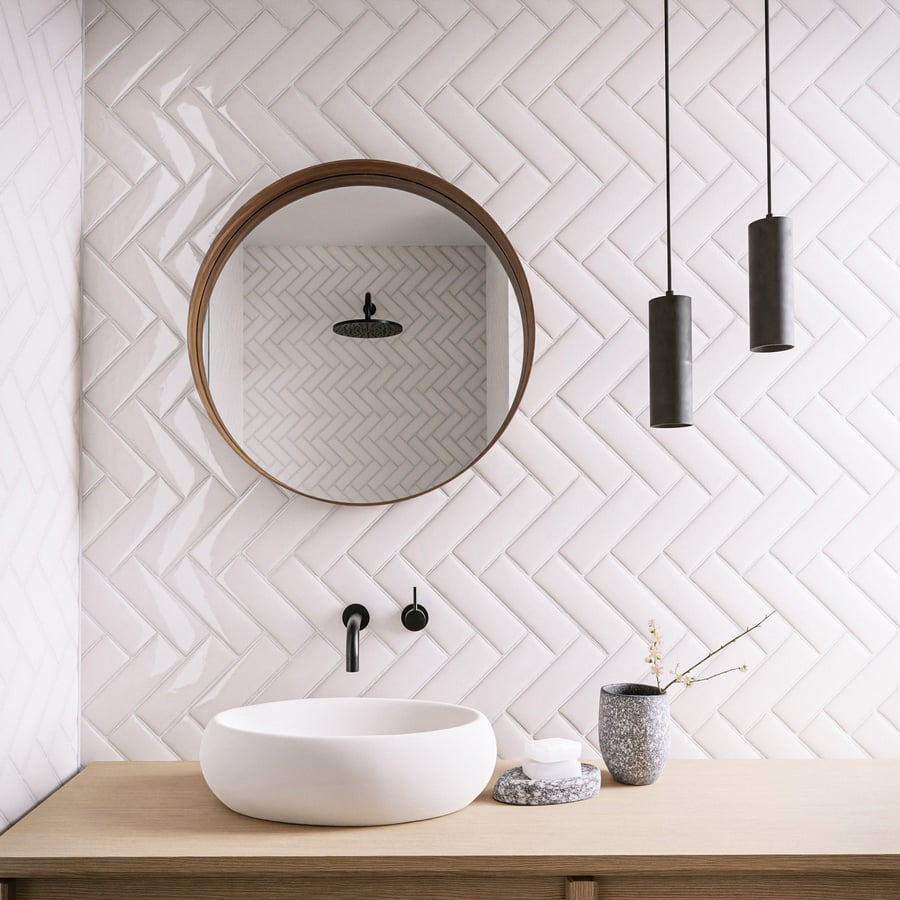 Textura de azulejo cerâmico brilhante em espinha, branco