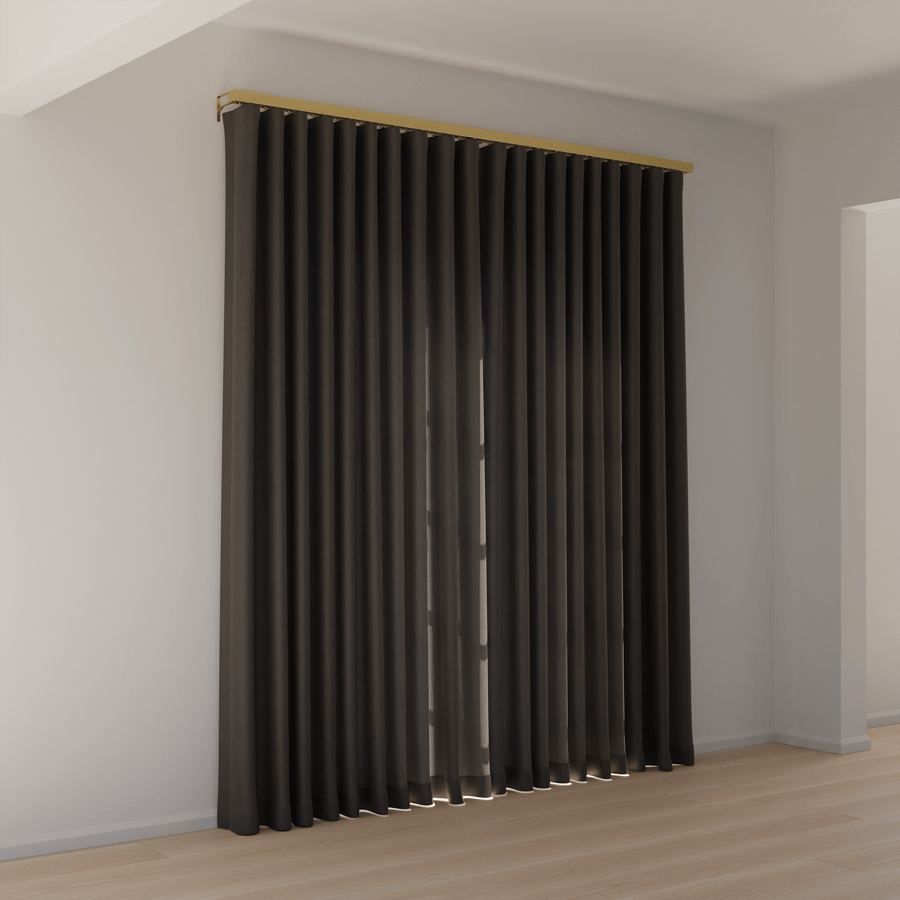Modelo de cortinas fechadas com pregas onduladas, cinza