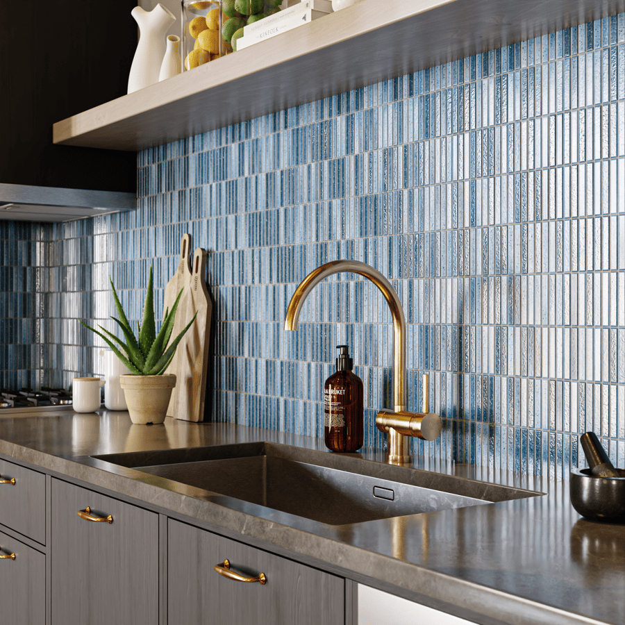 Textura de azulejo cerâmico brilhante Yubi, azul manchado