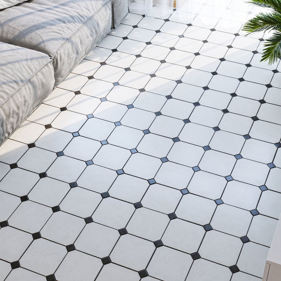 Textura de azulejo cerâmico octogonal mate, branco
