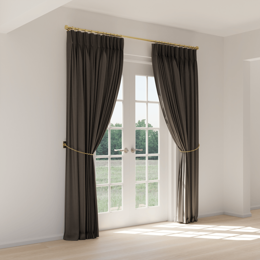 Cortinas com pregas puxadas para trás, cinza