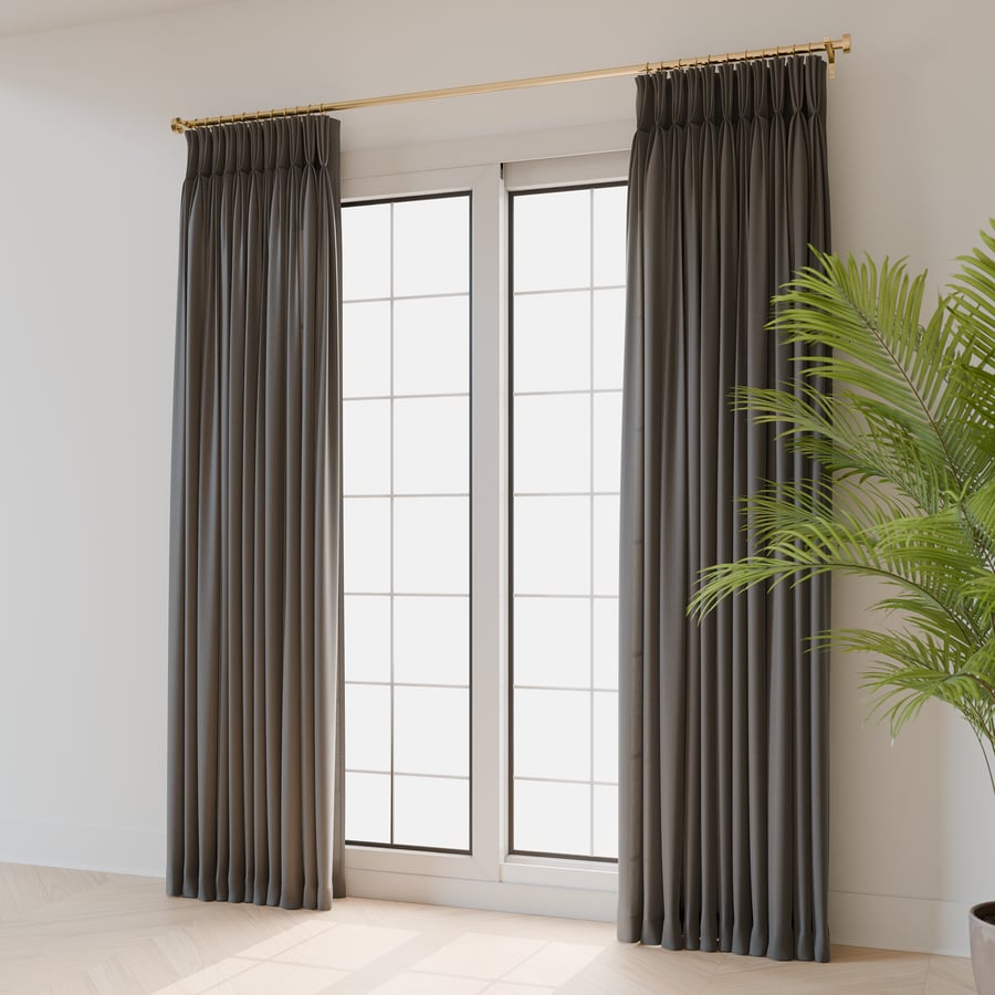 Modelo de cortinas abertas com pregas, cinza