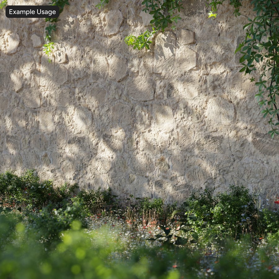 Vittrad kalkstensmur i spillsten, beige