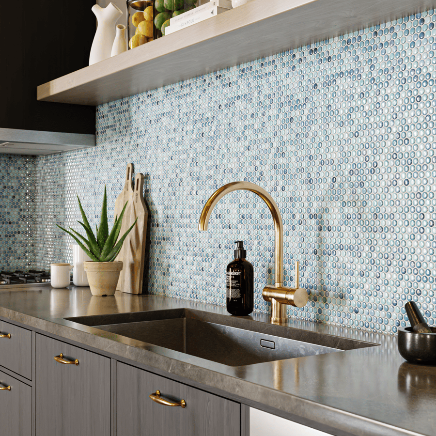 Penny Round Ceramic Glossy Tile Texture, Gradient Blue