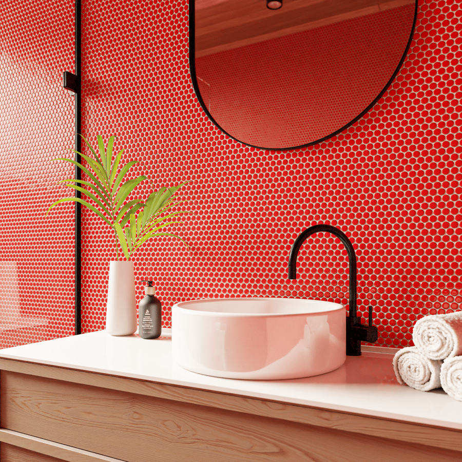 Textura de azulejo cerâmico brilhante redondo, vermelho