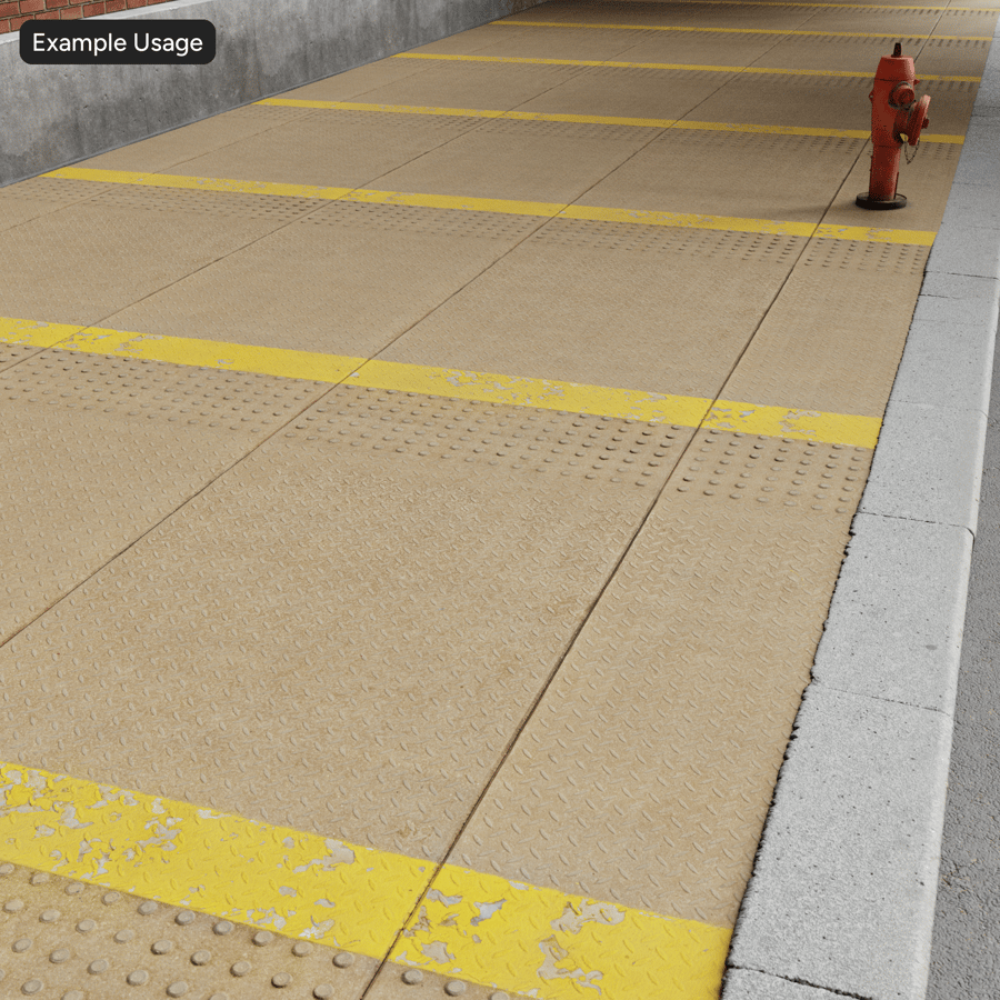 Texture de trottoir en béton pour bande de roulement et adhérence tactile, rayures jaunes