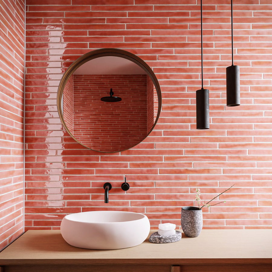 Glossy Stepped Thin Subway Tiles Texture, Pink