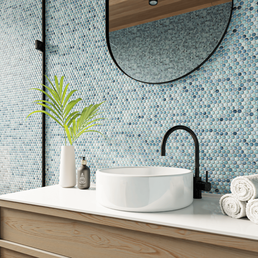 Penny Round Ceramic Glossy Tile Texture, Gradient Blue