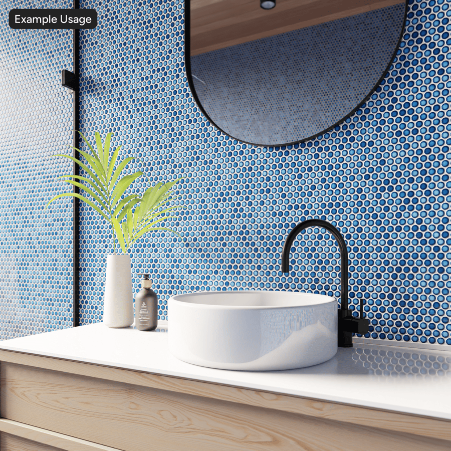 Textura de azulejo brilhante de cerâmica redondo Penny, azul-azul