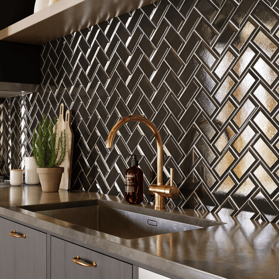 Herringbone Ceramic Glossy Tile Texture, Ebony
