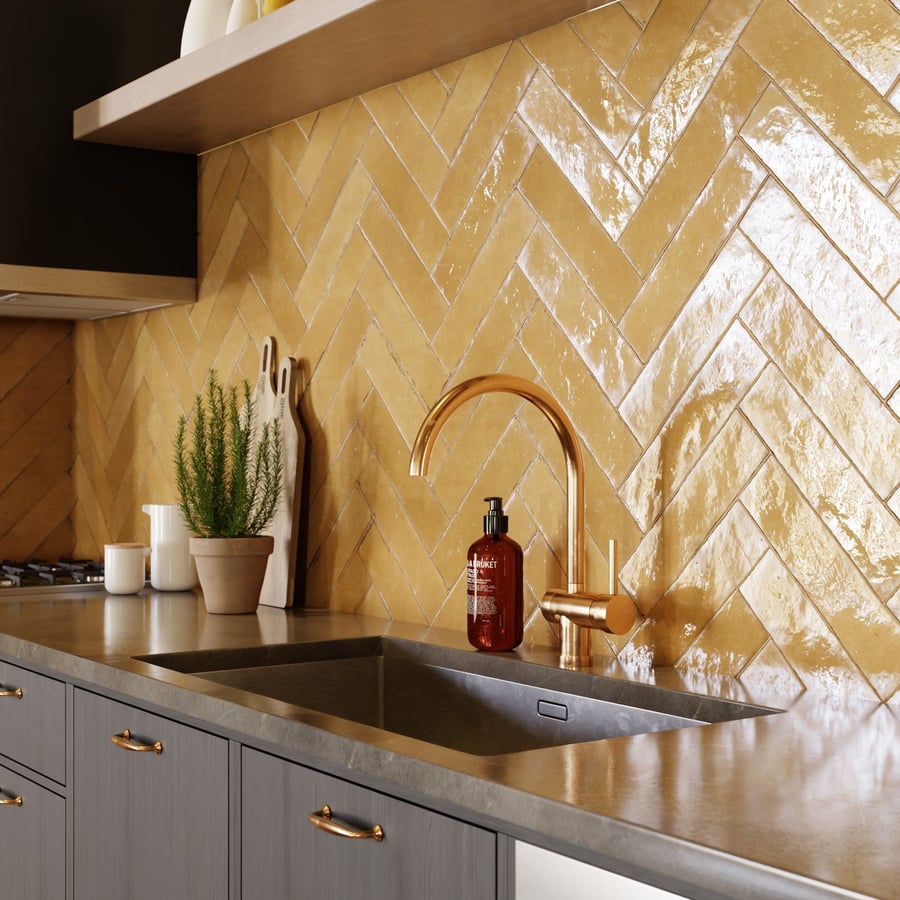 Herringbone Zellige Glossy Tile Texture, Yellow
