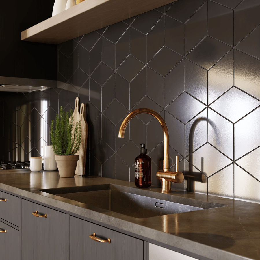Rhomboid Ceramic Glossy Tile Texture, Black