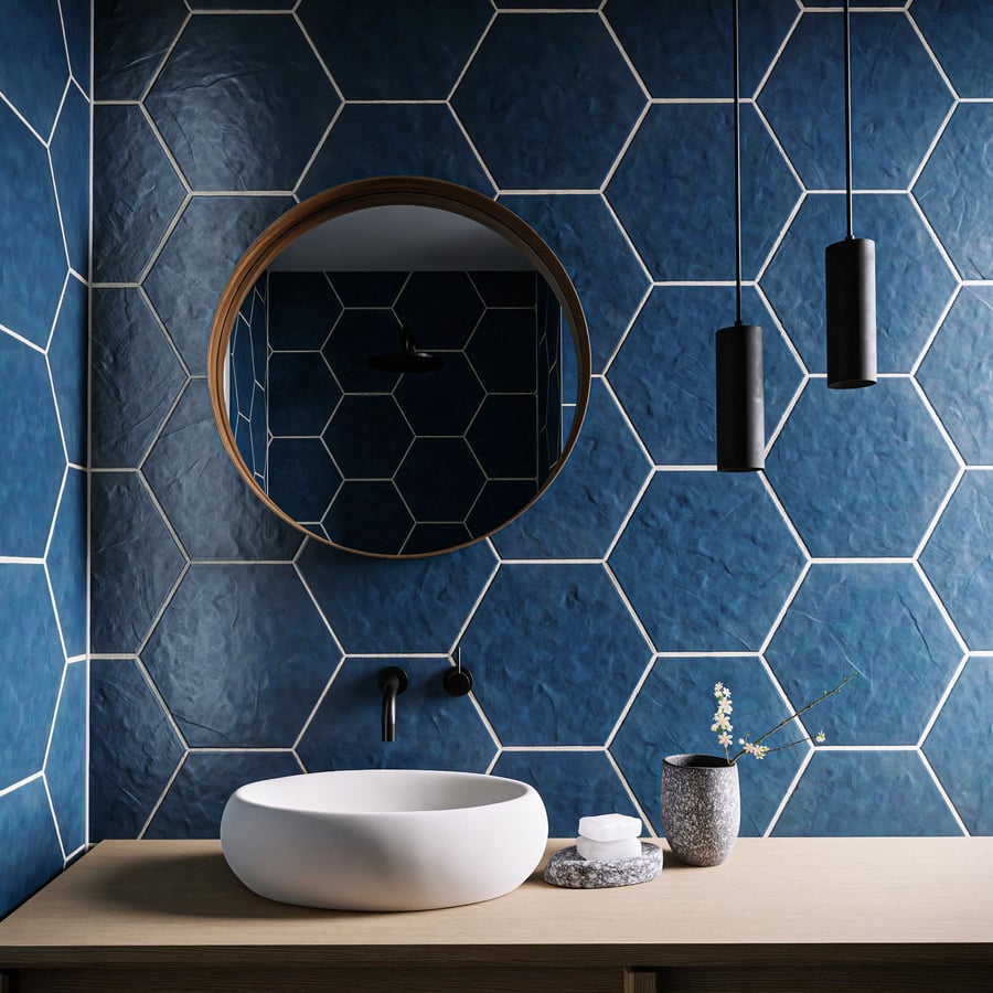 Satin Hexagon Ceramic Tiles Texture, Blue