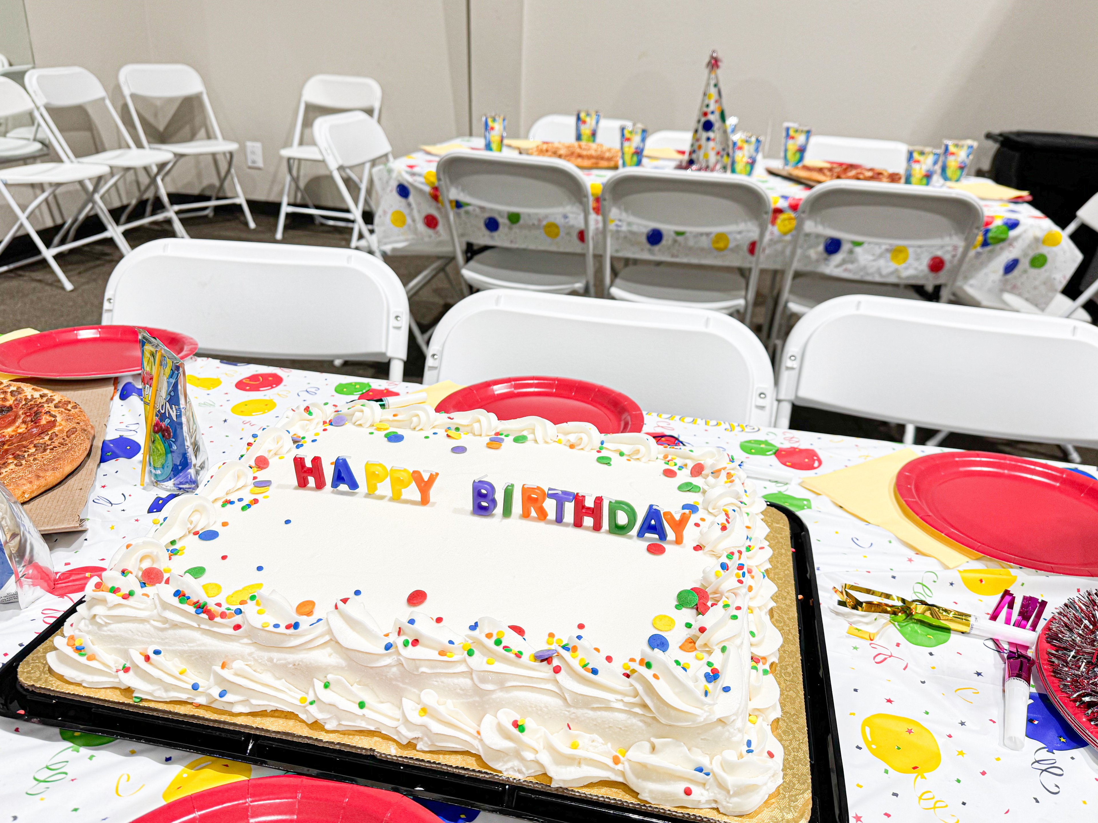 Colorful party decorations and party hat